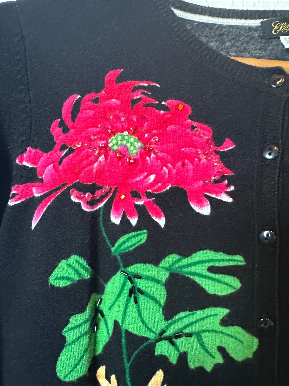 Floral Beaded Black Button-Front Sweater - Picture 4 of 5